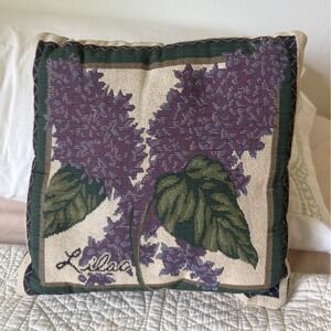 Vtg Lilac Floral Tapestry Throw Pillow Cottagecore Purple Green 11"